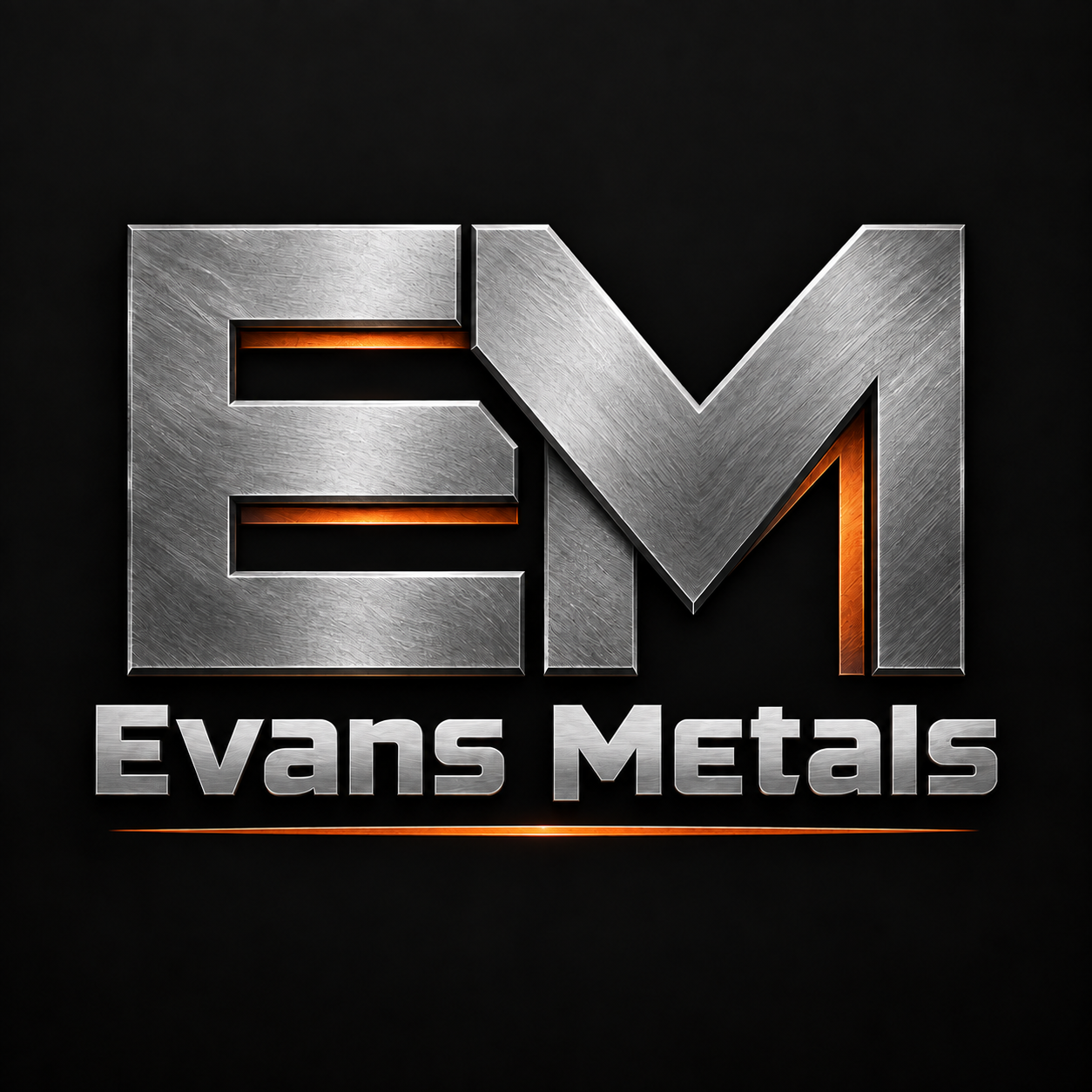 Evans Metals brushed steel EM logo with copper accents
